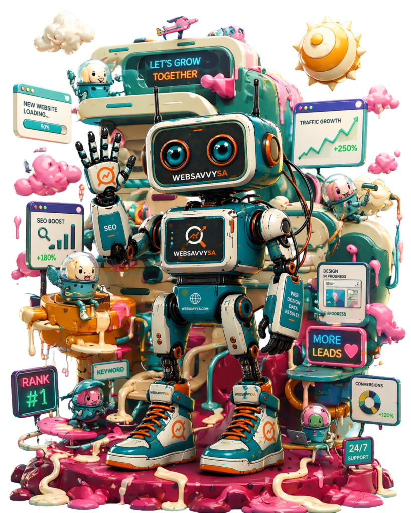 Futuristic WebSavvySA robot mascot waving, cyberpunk techwear character representing a modern web design and digital marketing agency